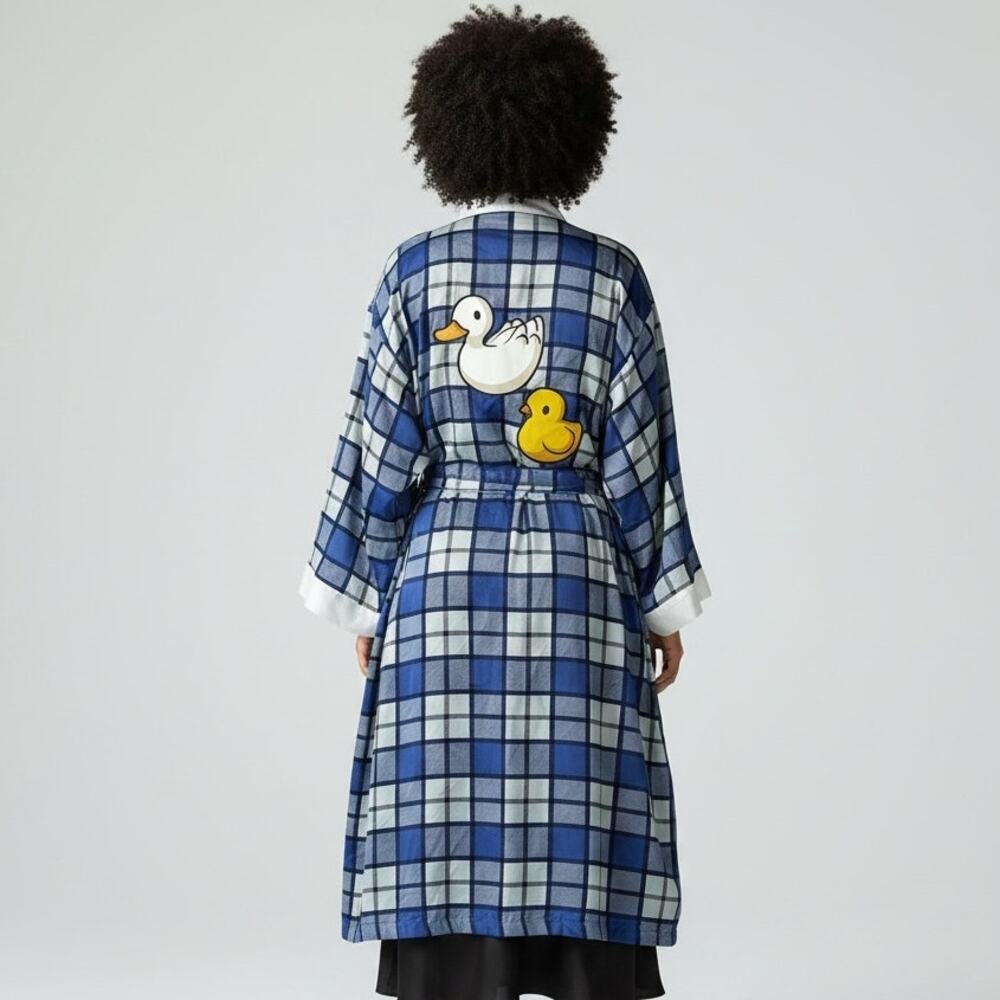 FRIENDS Lounge Robe NWT Sz L-XXXL Blue Plaid Belted Chick Duck Joey Chandler